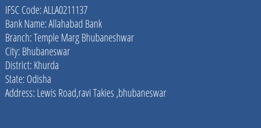 Allahabad Bank Temple Marg Bhubaneshwar Branch Khurda IFSC Code ALLA0211137
