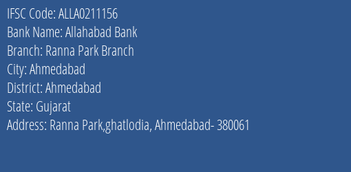 Allahabad Bank Ranna Park Branch Branch Ahmedabad IFSC Code ALLA0211156