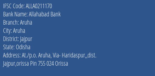 Allahabad Bank Aruha Branch Jajpur IFSC Code ALLA0211170
