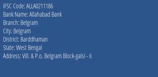 Allahabad Bank Belgram Branch Barddhaman IFSC Code ALLA0211186