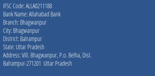 Allahabad Bank Bhagwanpur Branch Balrampur IFSC Code ALLA0211188