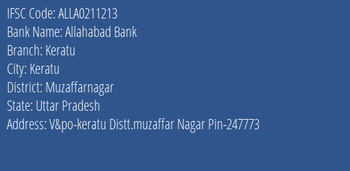 IFSC Code ALLA0211213 for Keratu Branch Allahabad Bank, Muzaffarnagar Uttar Pradesh