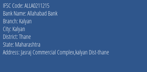 Allahabad Bank Kalyan Branch, Branch Code 211215 & IFSC Code ALLA0211215