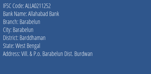 Allahabad Bank Barabelun Branch Barddhaman IFSC Code ALLA0211252
