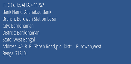 Allahabad Bank Burdwan Station Bazar Branch Barddhaman IFSC Code ALLA0211262