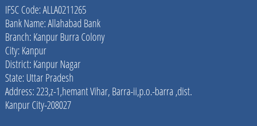 Allahabad Bank Kanpur Burra Colony Branch Kanpur Nagar IFSC Code ALLA0211265