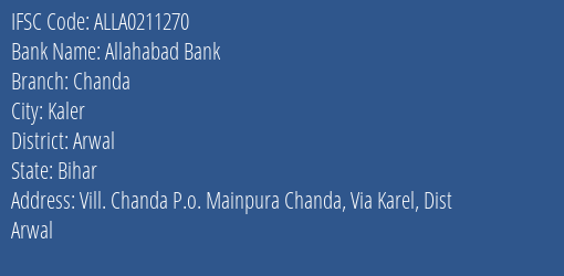 Allahabad Bank Chanda Branch Arwal IFSC Code ALLA0211270