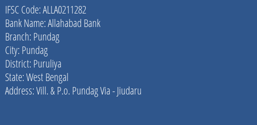Allahabad Bank Pundag Branch Puruliya IFSC Code ALLA0211282