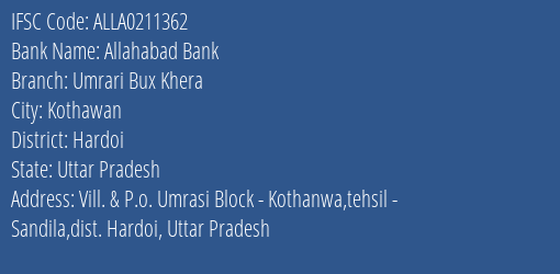 Allahabad Bank Umrari Bux Khera Branch Hardoi IFSC Code ALLA0211362