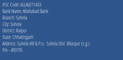 Allahabad Bank Suhela Branch Raipur IFSC Code ALLA0211433