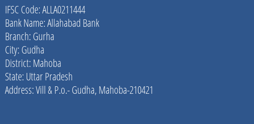 Allahabad Bank Gurha Branch Mahoba IFSC Code ALLA0211444