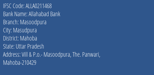 Allahabad Bank Masoodpura Branch Mahoba IFSC Code ALLA0211468