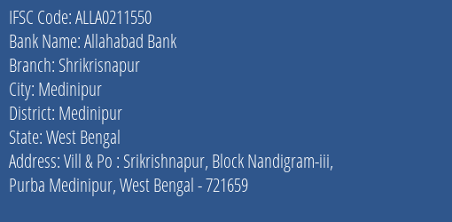 Allahabad Bank Shrikrisnapur Branch Medinipur IFSC Code ALLA0211550