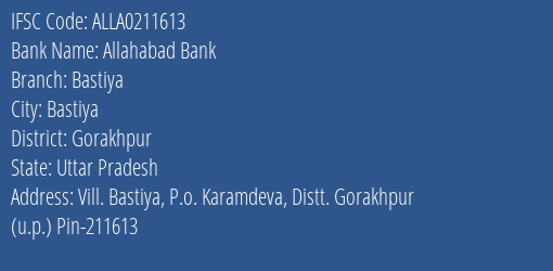 Allahabad Bank Bastiya Branch Gorakhpur IFSC Code ALLA0211613