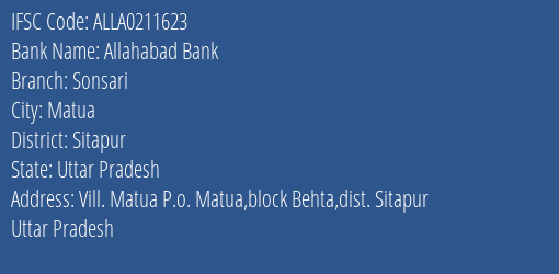 Allahabad Bank Sonsari Branch Sitapur IFSC Code ALLA0211623
