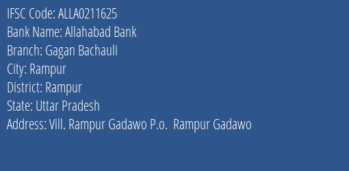 Allahabad Bank Gagan Bachauli Branch Rampur IFSC Code ALLA0211625