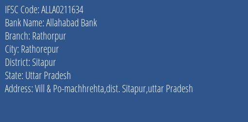 Allahabad Bank Rathorpur Branch Sitapur IFSC Code ALLA0211634