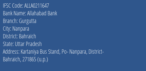 Allahabad Bank Gurgutta Branch Bahraich IFSC Code ALLA0211647