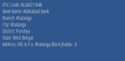 Allahabad Bank Khatanga Branch Puruliya IFSC Code ALLA0211648