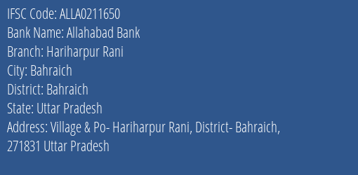 Allahabad Bank Hariharpur Rani Branch Bahraich IFSC Code ALLA0211650