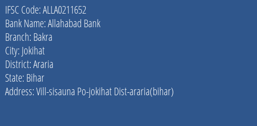 Allahabad Bank Bakra Branch Araria IFSC Code ALLA0211652