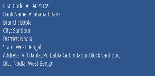 Allahabad Bank Babla Branch Nadia IFSC Code ALLA0211691