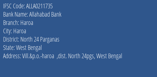 Allahabad Bank Haroa Branch North 24 Parganas IFSC Code ALLA0211735