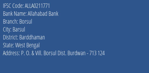 Allahabad Bank Borsul Branch Barddhaman IFSC Code ALLA0211771