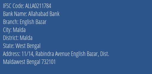 Allahabad Bank English Bazar Branch Malda IFSC Code ALLA0211784
