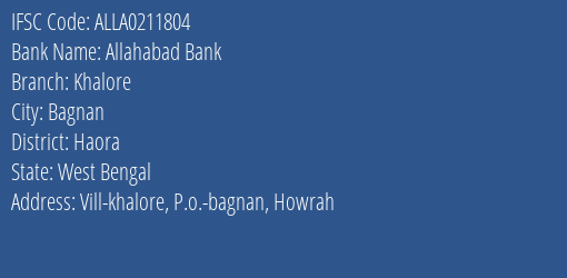 Allahabad Bank Khalore Branch Haora IFSC Code ALLA0211804