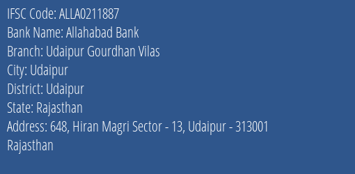 Allahabad Bank Udaipur Gourdhan Vilas Branch Udaipur IFSC Code ALLA0211887