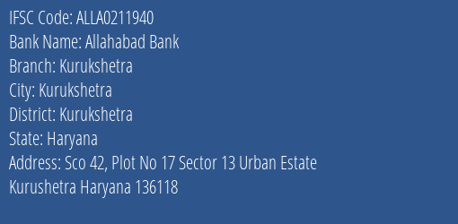 Allahabad Bank Kurukshetra Branch Kurukshetra IFSC Code ALLA0211940
