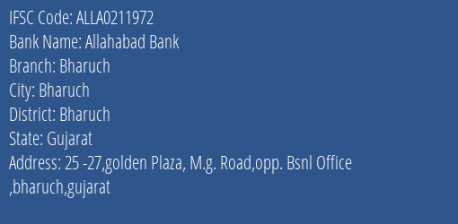 Allahabad Bank Bharuch Branch, Branch Code 211972 & IFSC Code ALLA0211972