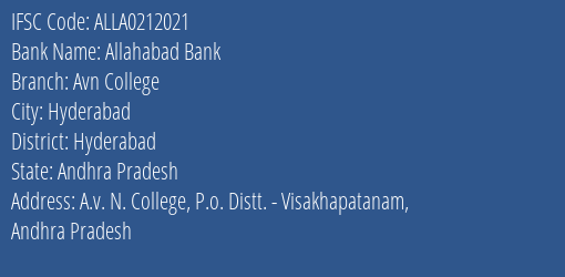 Allahabad Bank Avn College Branch, Branch Code 212021 & IFSC Code ALLA0212021