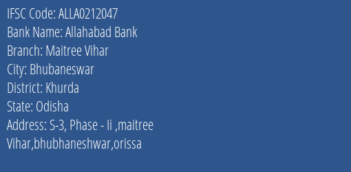 Allahabad Bank Maitree Vihar Branch Khurda IFSC Code ALLA0212047