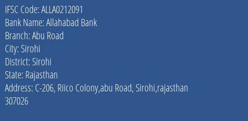 Allahabad Bank Abu Road Branch, Branch Code 212091 & IFSC Code ALLA0212091