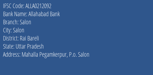 Allahabad Bank Salon Branch Rai Bareli IFSC Code ALLA0212092