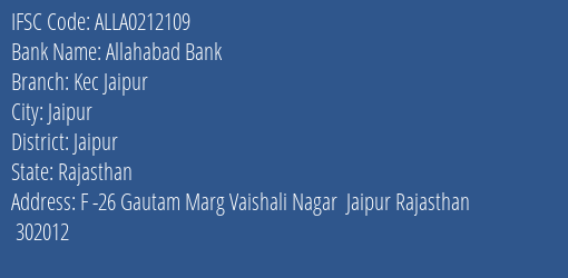 Allahabad Bank Kec Jaipur Branch Jaipur IFSC Code ALLA0212109