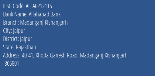 Allahabad Bank Madanganj Kishangarh Branch Jaipur IFSC Code ALLA0212115