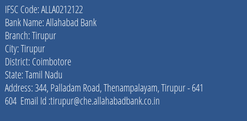 Allahabad Bank Tirupur Branch Coimbotore IFSC Code ALLA0212122