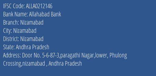 Allahabad Bank Nizamabad Branch, Branch Code 212146 & IFSC Code ALLA0212146