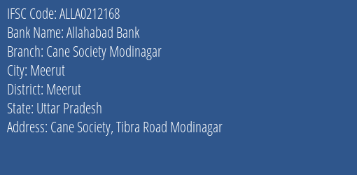 Allahabad Bank Cane Society Modinagar Branch Meerut IFSC Code ALLA0212168