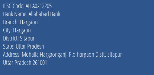 Allahabad Bank Hargaon Branch Sitapur IFSC Code ALLA0212205