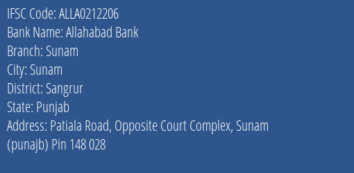 Allahabad Bank Sunam Branch, Branch Code 212206 & IFSC Code ALLA0212206
