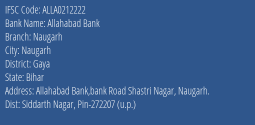 Allahabad Bank Naugarh Branch Gaya IFSC Code ALLA0212222