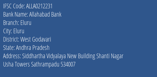Allahabad Bank Eluru Branch, Branch Code 212231 & IFSC Code ALLA0212231