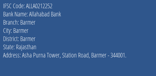 Allahabad Bank Barmer Branch Barmer IFSC Code ALLA0212252