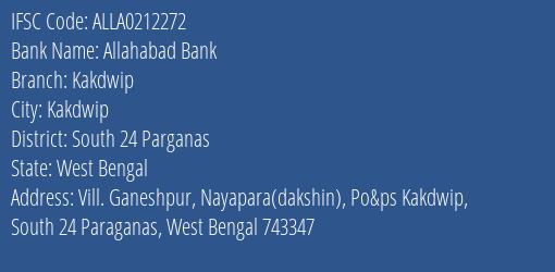 Allahabad Bank Kakdwip Branch South 24 Parganas IFSC Code ALLA0212272