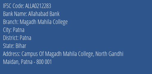 Allahabad Bank Magadh Mahila College Branch Patna IFSC Code ALLA0212283