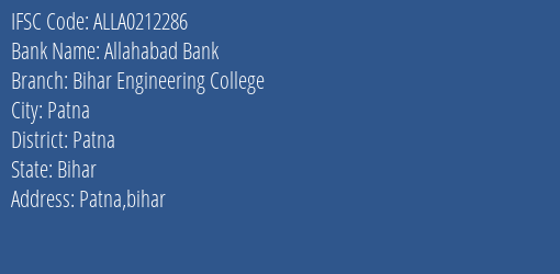 Allahabad Bank Bihar Engineering College Branch Patna IFSC Code ALLA0212286
